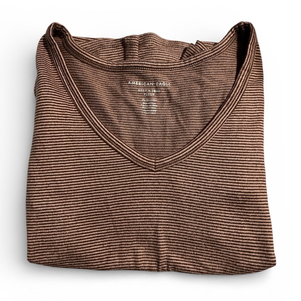 American Eagle Brown Striped Super Soft V-Neck Short Sleeve Top - SZ: XS